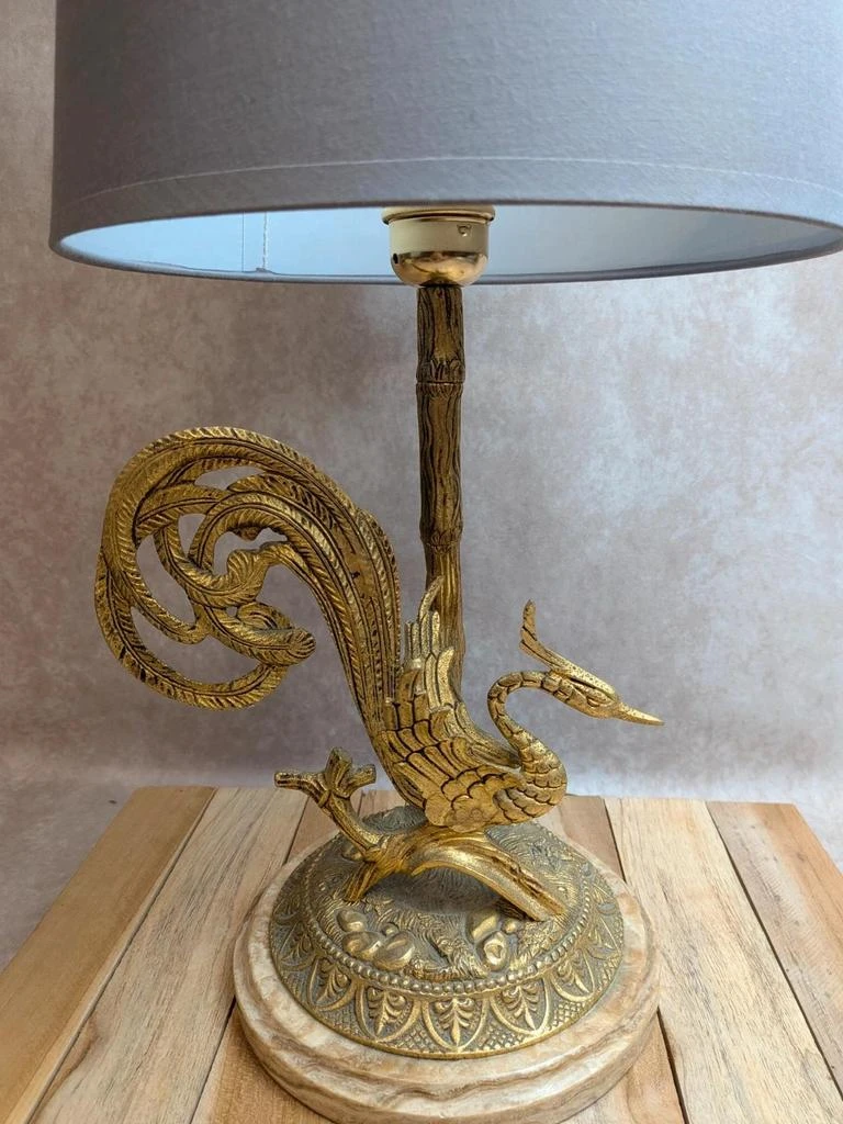 Grande lampe vintage en laiton moulé – Phénix – socle en onyx – années 60/70